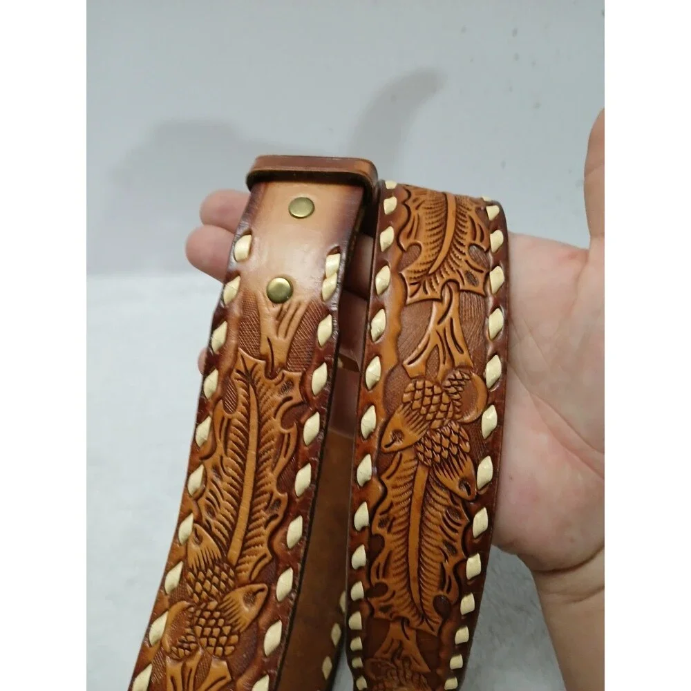 ​Vintage‎ Hand Tooled Brown Leather Belt Floral PAUL Embossed Weave Edge Size 34